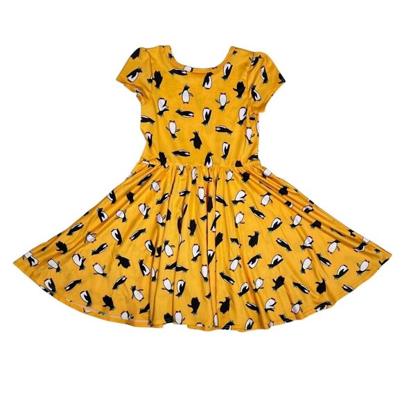Dot Dot Smile Girls 3 4 Yellow Cap Sleeve Twirl Dress Christmas Winter Penguin - Picture 3 of 7